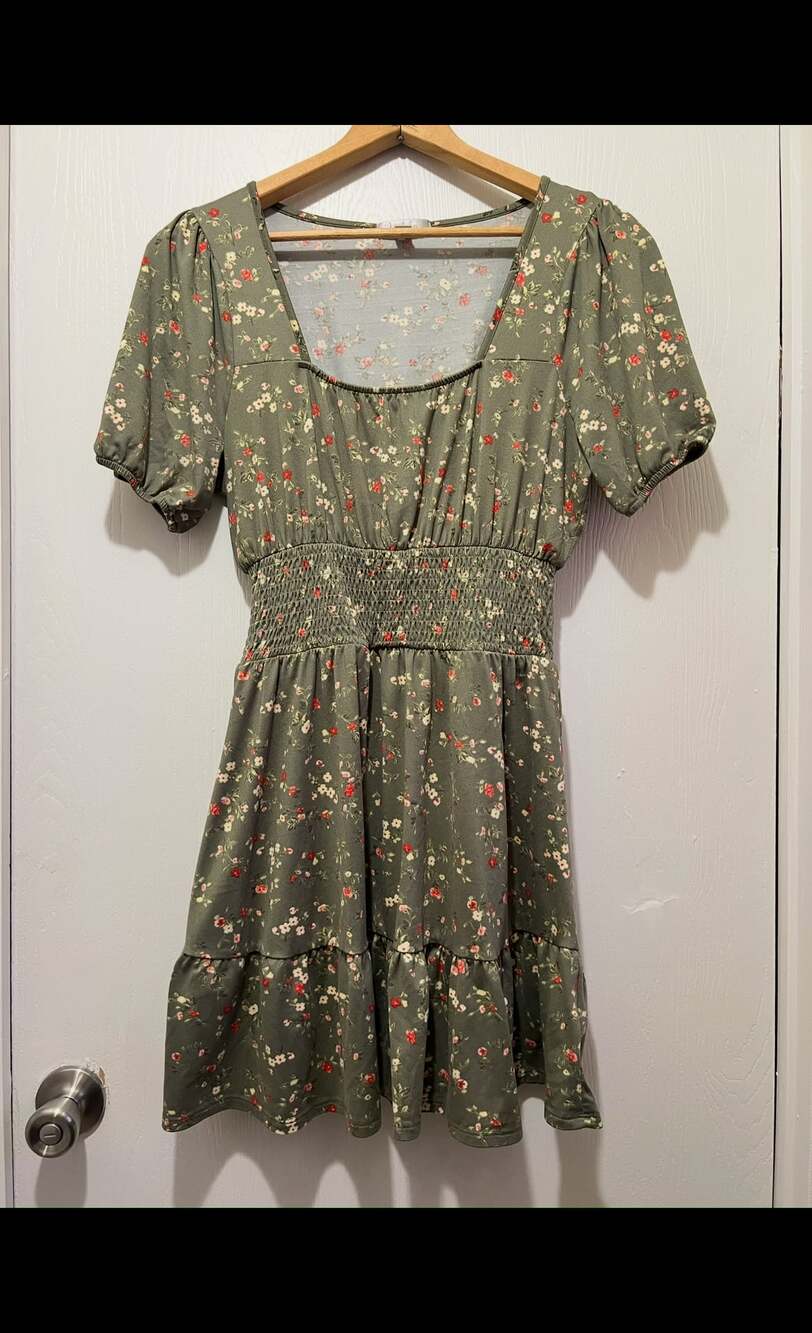 Justify Green Floral Smocked Waist Tiered Mini Dress